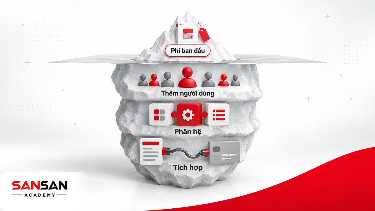 Tảng băng chìm chi phí phần mềm kế toán: phí ban đầu nổi, phí người dùng, phân hệ và tích hợp ẩn bên dưới