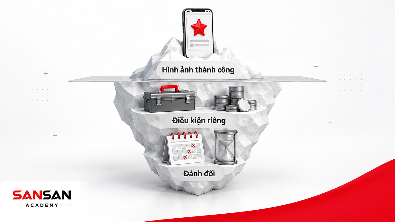 Tảng băng so sánh: hình ảnh thành công nổi trên, điều kiện riêng và đánh đổi chìm dưới, ảnh hưởng giá trị bản thân