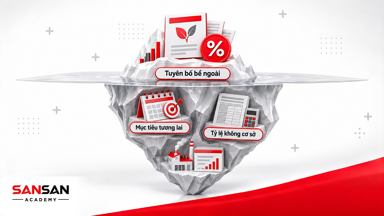 Tảng băng chìm với tờ quảng bá nổi trên mặt và mục tiêu tương lai, cơ sở tính thiếu bên dưới trong tài chính xanh