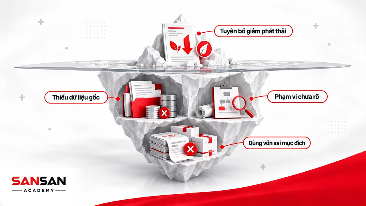Tảng băng chìm có tuyên bố giảm phát thải nổi trên mặt, dữ liệu gốc thiếu bên dưới, rủi ro của tín dụng xanh