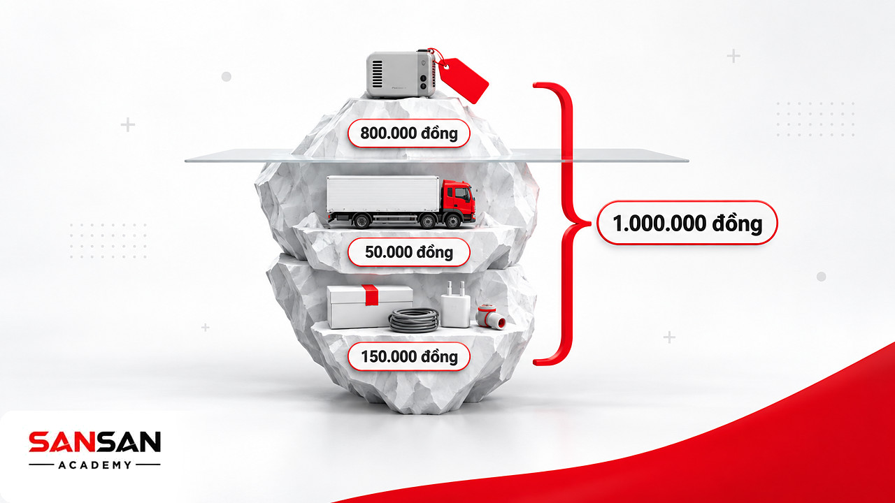 Tảng băng chi phí hàng OEM: giá 800.000 đồng nổi trên, phí giao và phụ kiện ẩn dưới, tổng 1.000.000 đồng