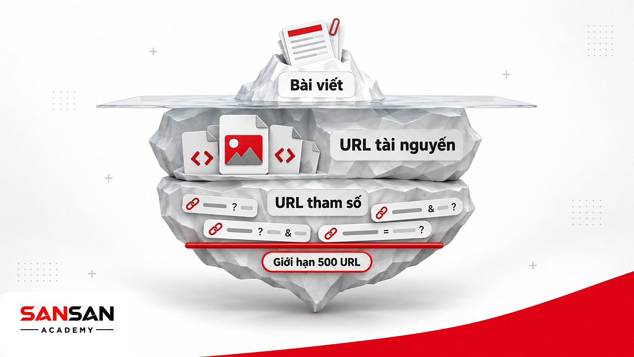 Tảng băng URL khi dùng phần mềm SEO thu thập dữ liệu: bài viết nổi trên, URL tài nguyên và tham số chìm dưới