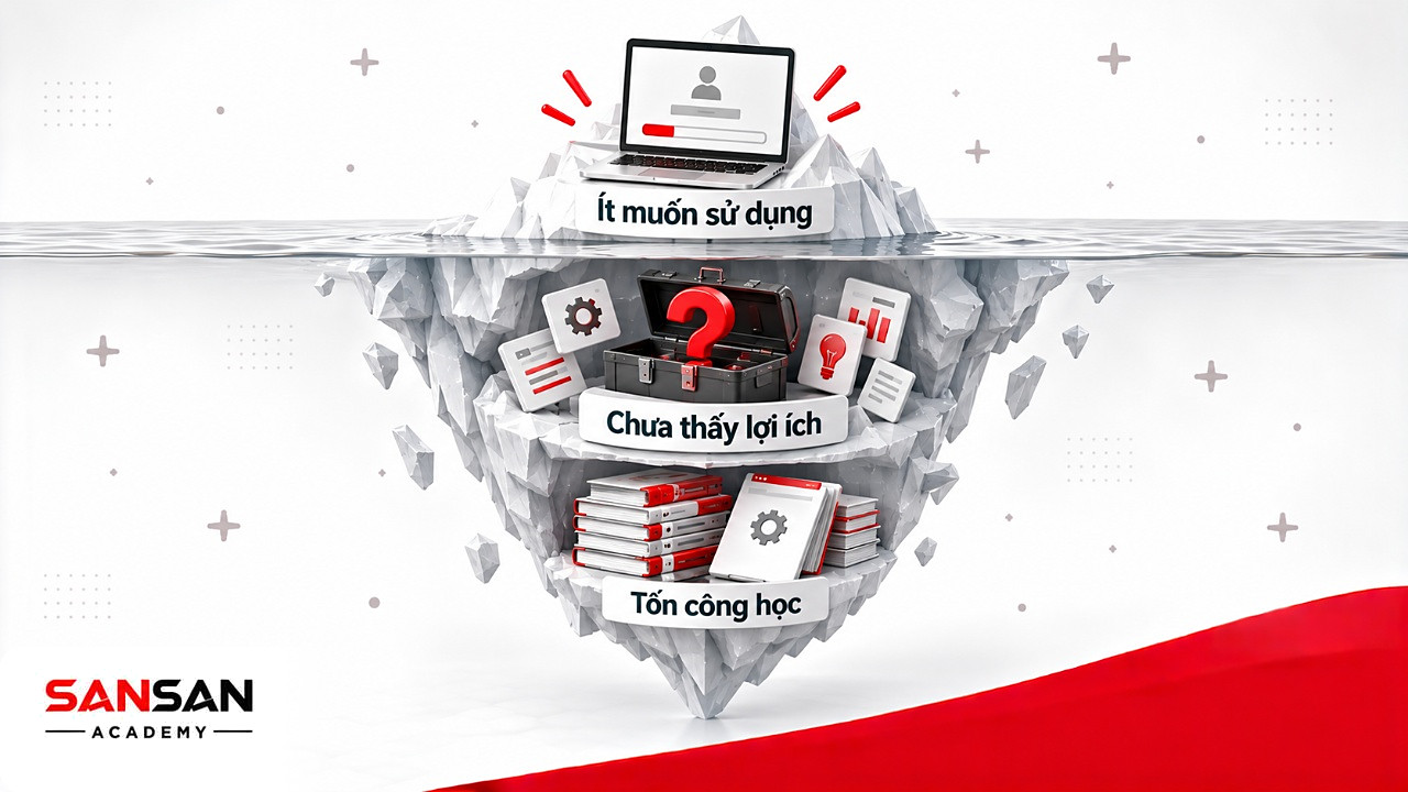 Tảng băng với mức dùng thấp nổi trên mặt, lợi ích chưa rõ và công sức học chìm bên dưới theo mô hình TAM