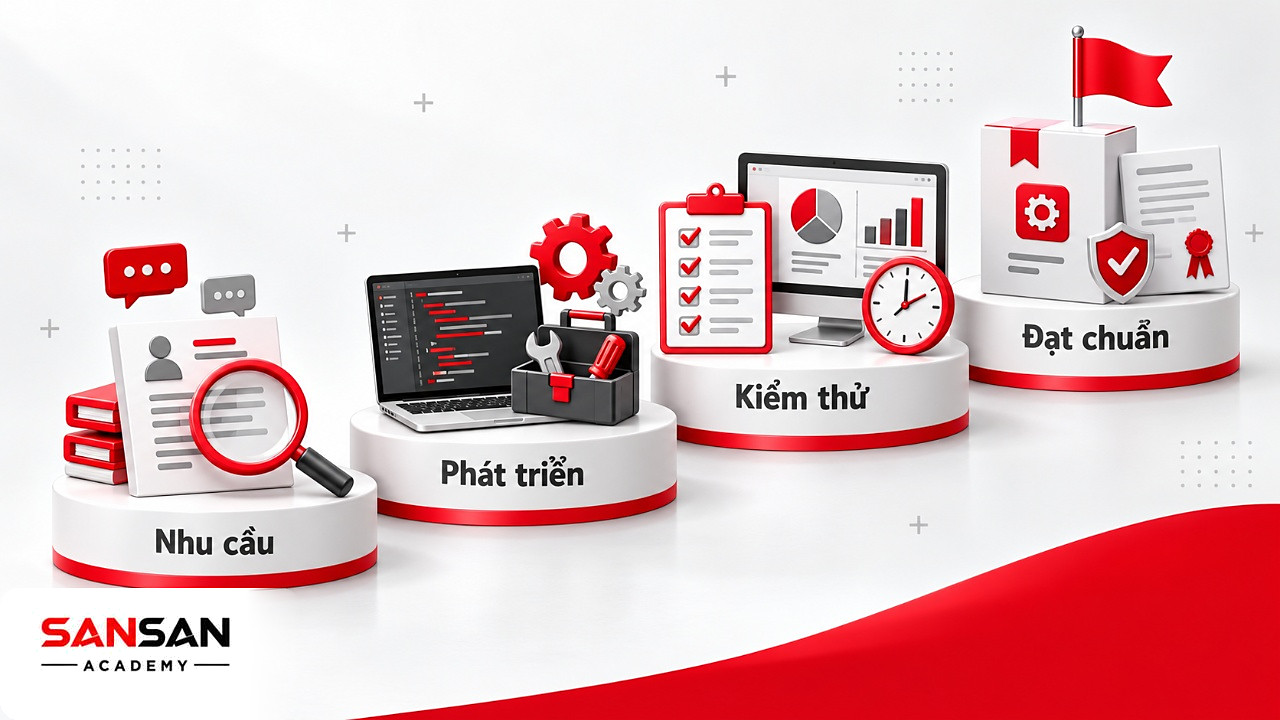 Bậc thang technical từ phân tích nhu cầu, phát triển phần mềm, kiểm thử đến sản phẩm đạt tiêu chuẩn đầu ra