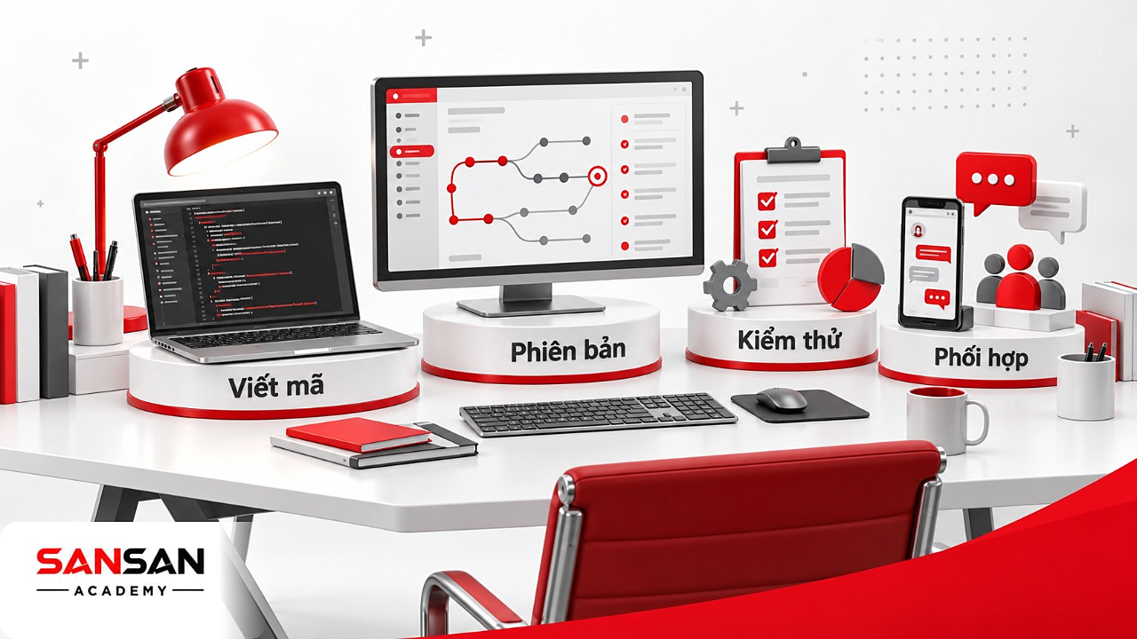 Bàn làm việc lập trình với laptop viết mã, màn hình lịch sử phiên bản Git và báo cáo kiểm thử technical