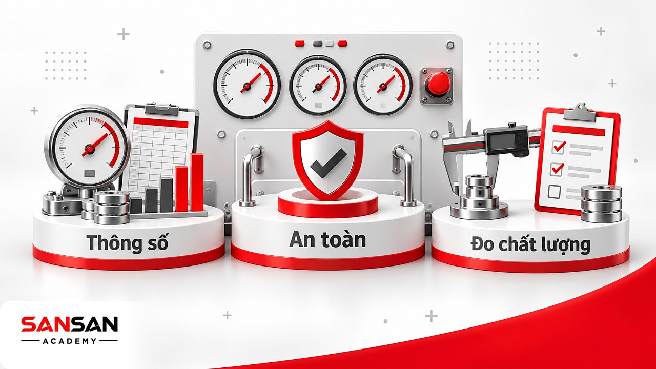 Bảng điều khiển máy với đồng hồ thông số, dải vận hành an toàn và thước cặp đo chất lượng, kỹ năng technical