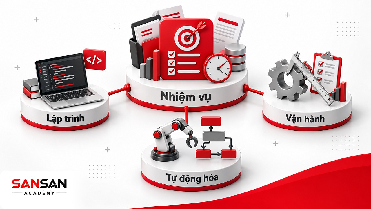 Hub technical skills với thẻ nhiệm vụ ở tâm, nối tới lập trình, vận hành thiết bị và tự động hóa