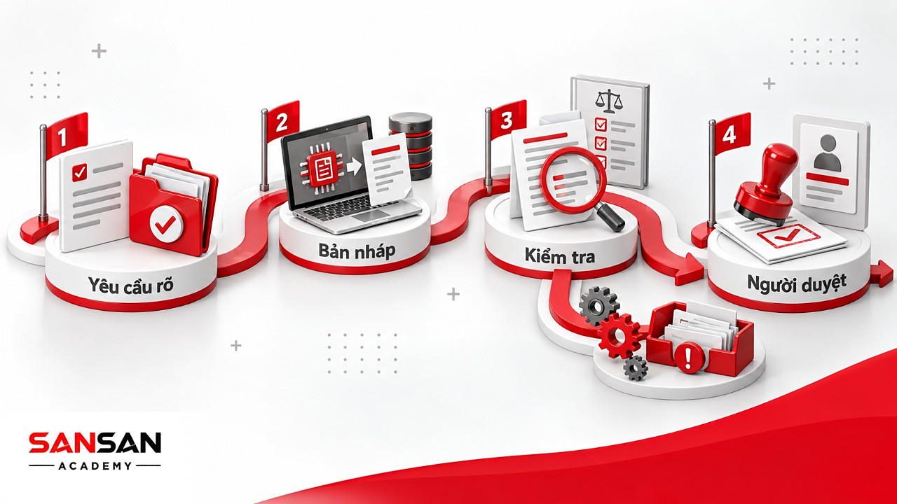 Lộ trình ứng dụng AI trong technical từ yêu cầu rõ, bản nháp, kiểm tra theo tiêu chuẩn đến người duyệt cuối