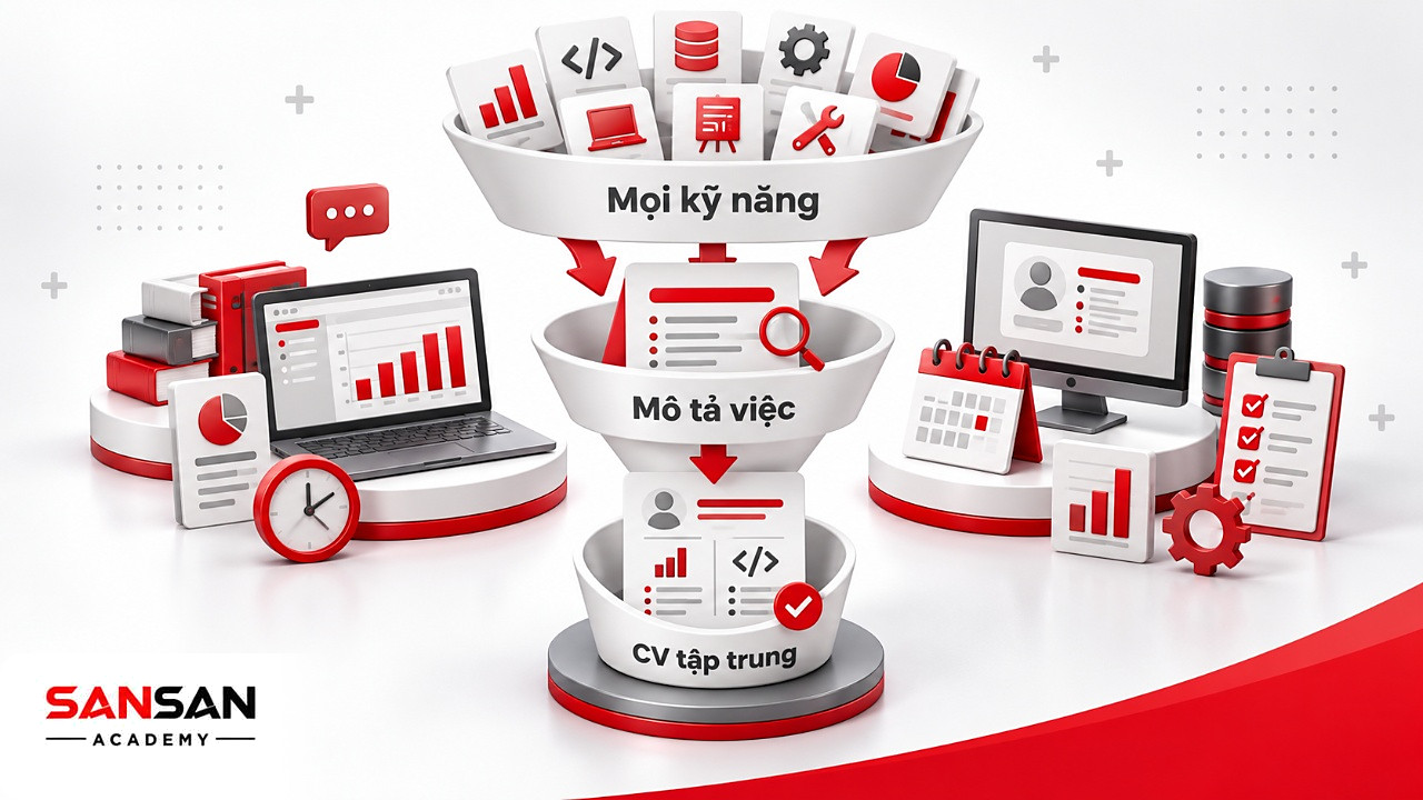 Phễu lọc kỹ năng technical theo mô tả công việc thành CV tập trung, nhóm theo phân tích dữ liệu và phần mềm