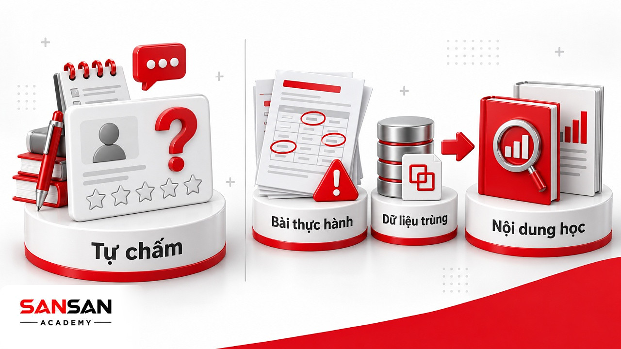 So sánh tự chấm technical với bài thực hành có lỗi dữ liệu trùng, từ đó chọn sách kiểm tra dữ liệu để học trước