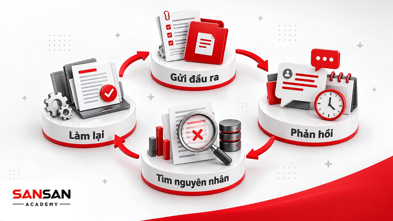 Vòng tròn gửi đầu ra, nhận phản hồi chuyên gia, tìm nguyên nhân lỗi và làm lại để nâng kỹ năng technical