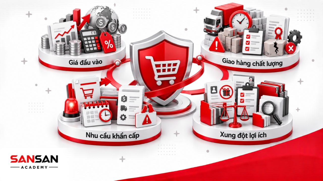 Thách thức trưởng phòng mua hàng gồm biến động giá, giao hàng chậm, chất lượng không đạt, mua khẩn cấp và xung đột lợi ích.