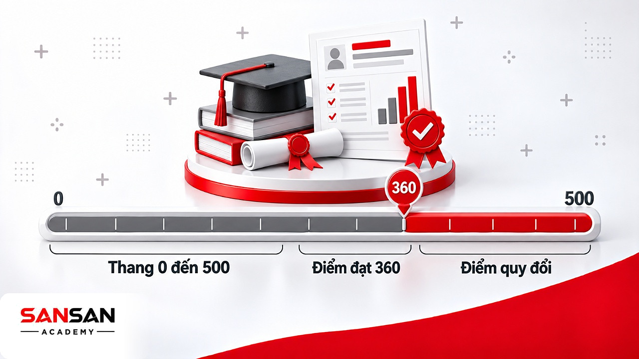 Thanh thang đo điểm thi CMA từ 0 đến 500 với vạch điểm đạt 360 cho từng phần