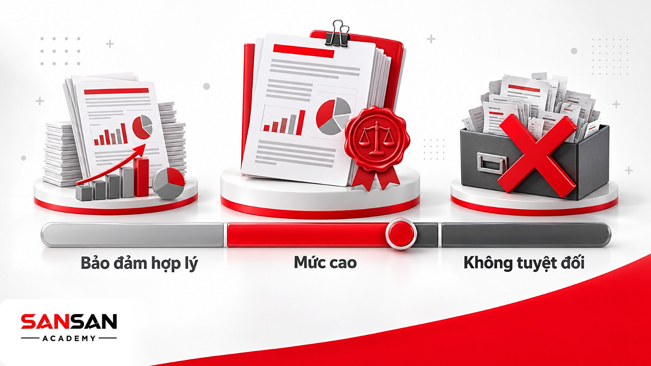 Thang đo cho thấy kiểm toán báo cáo tài chính đạt mức bảo đảm hợp lý, cao nhưng chưa phải chính xác tuyệt đối