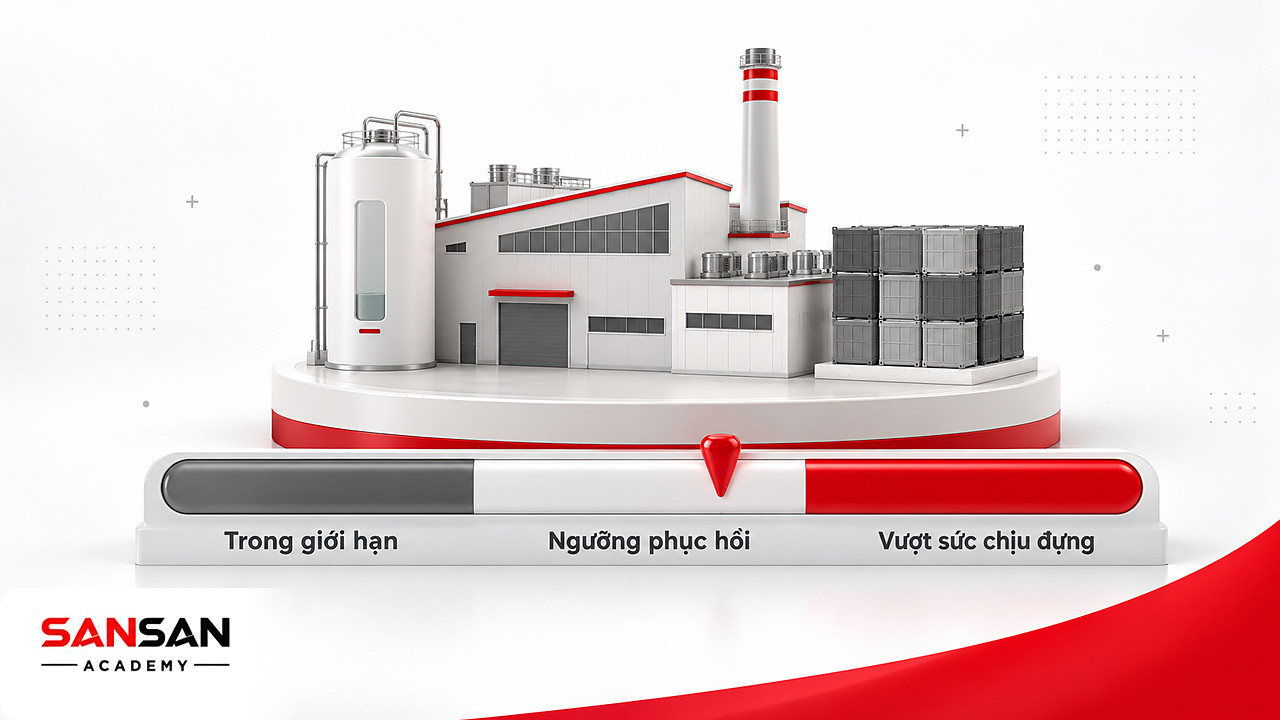 Thanh thang đo từ trong giới hạn tới vượt sức chịu đựng, kim đỏ chỉ ngưỡng sinh thái của kinh tế xanh