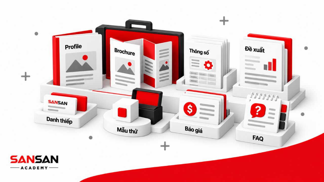 Các thành phần salekit gồm profile, brochure, thông số, đề xuất, báo giá, FAQ, danh thiếp và mẫu sản phẩm