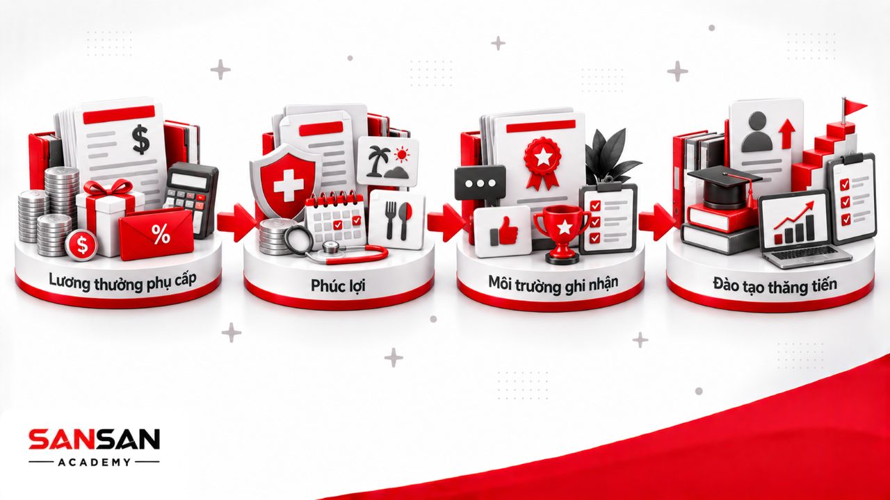 Các thành phần chế độ đãi ngộ gồm lương thưởng phụ cấp, phúc lợi, môi trường làm việc, ghi nhận, đào tạo và lộ trình nghề nghiệp.