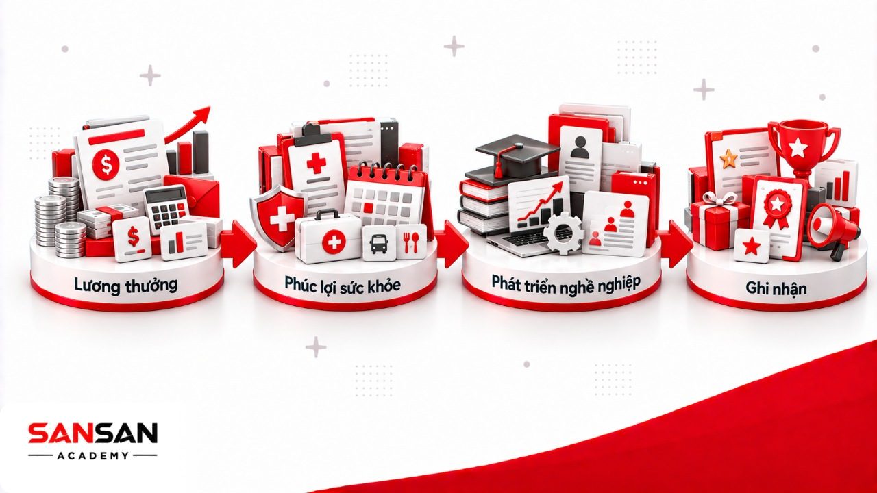 Các thành phần Total Rewards gồm Compensation, Benefits, Well-being, Careers và Recognition trong một danh mục đãi ngộ thống nhất.