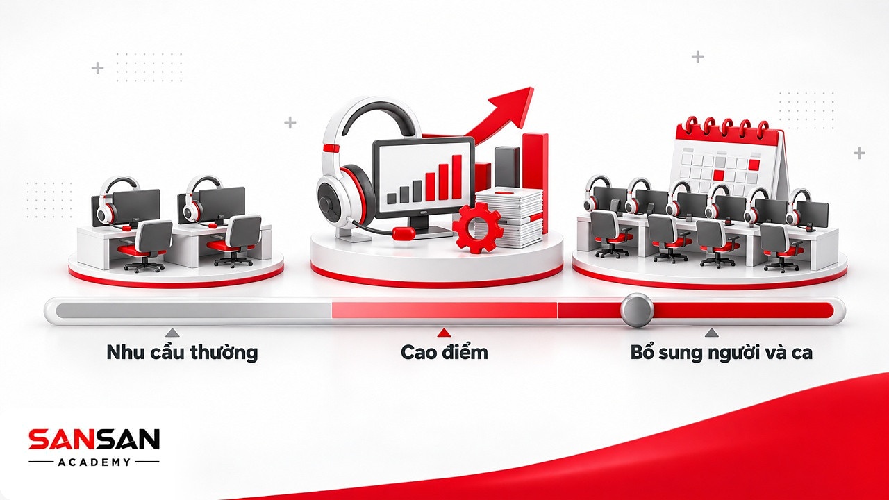 Thanh thang đo cho thấy đối tác BPO bổ sung người và ca làm khi nhu cầu lên cao điểm