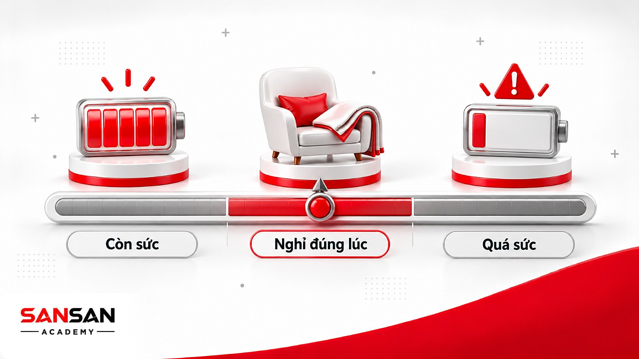 Thang đo sức lực từ còn sức tới quá sức, kim dừng ở mức nghỉ đúng lúc khi yêu bản thân