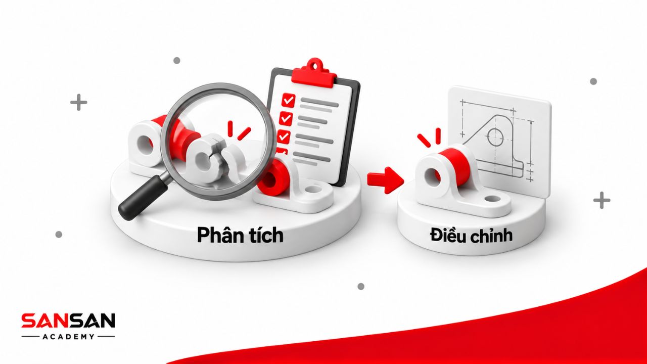 Infographic 3D minh họa việc dùng kính lúp phân tích chi tiết bị lỗi và điều chỉnh phương án sau thất bại.