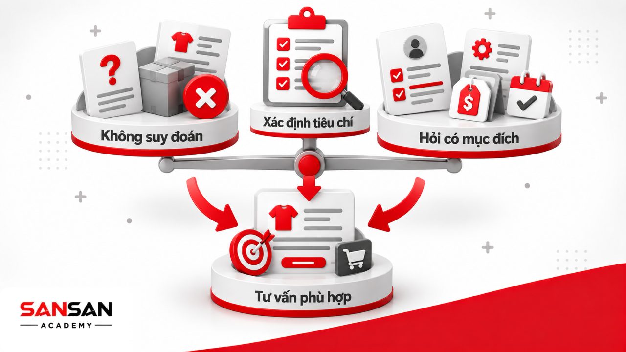 Giao tiếp với khách hàng dựa trên nhu cầu, ngân sách và tiêu chí đã xác nhận thay vì suy đoán ý định từ câu hỏi hoặc biểu hiện bên ngoài.