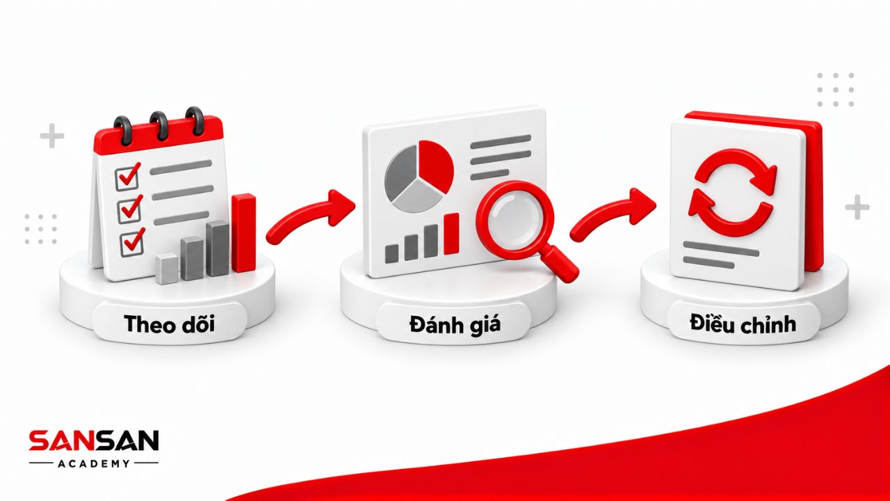 Ba bước theo dõi kết quả, đánh giá tiến độ và điều chỉnh phương pháp.