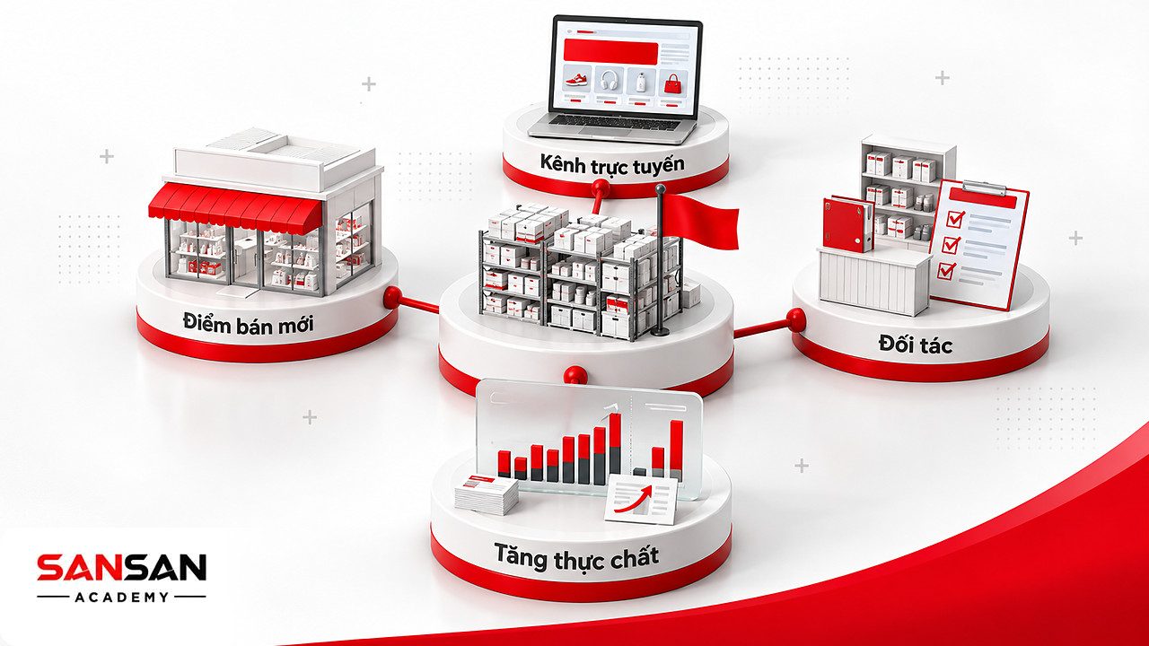 Sơ đồ hub phân phối nối điểm bán mới, kênh trực tuyến và đối tác, kèm bảng so doanh số tăng thêm.