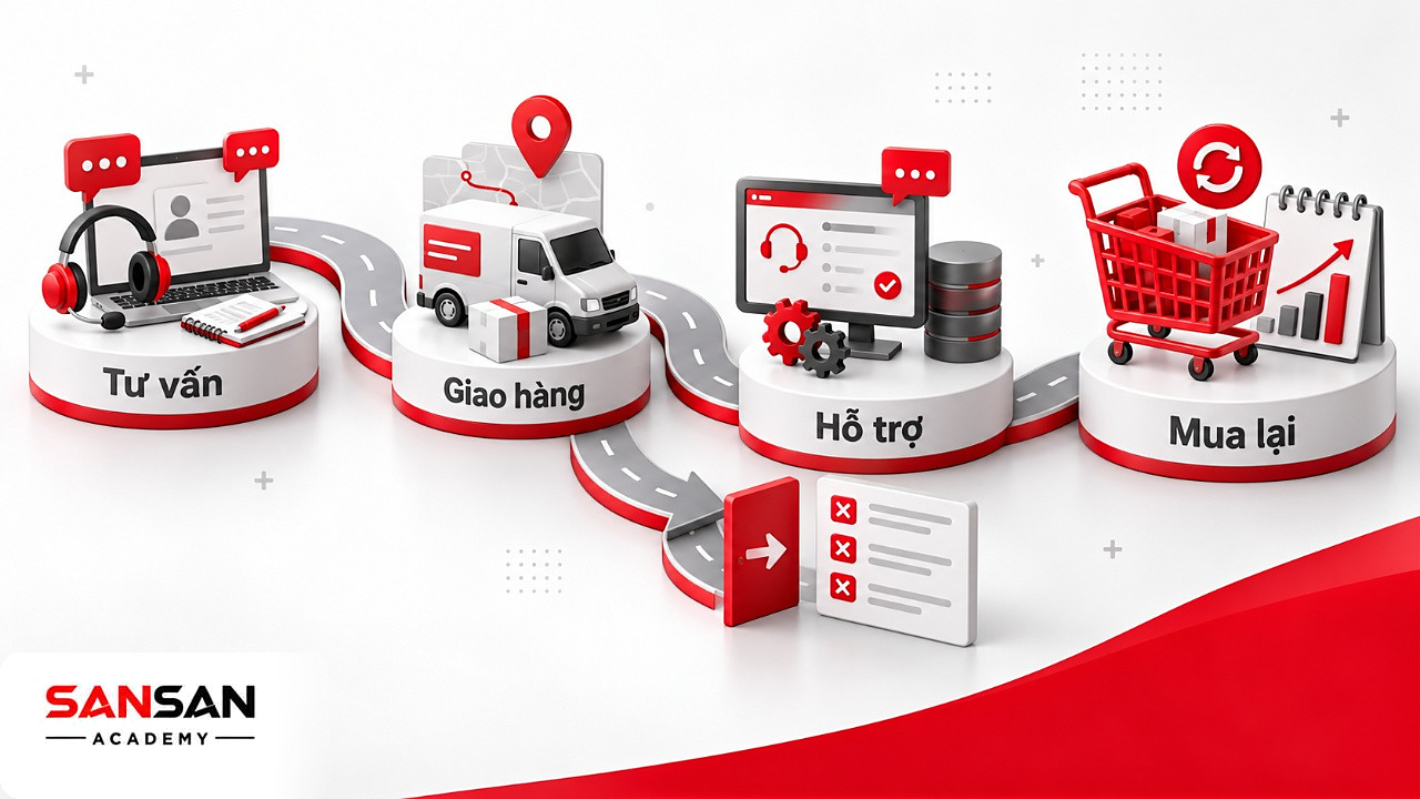Hành trình khách hàng qua tư vấn, giao hàng, hỗ trợ đến mua lại, kèm lối rẽ ghi lý do rời bỏ.