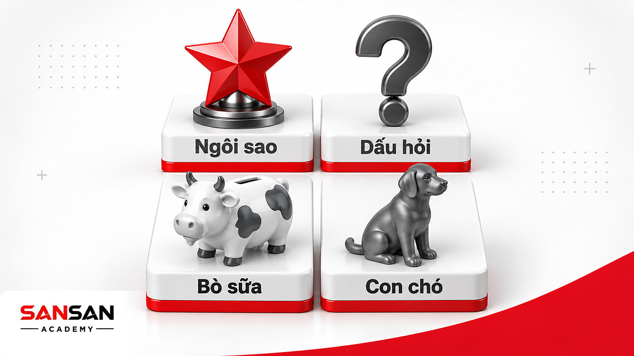 Ma trận BCG theo thị phần tương đối và tăng trưởng thị trường với bốn nhóm Ngôi sao, Bò sữa, Dấu hỏi, Con chó.