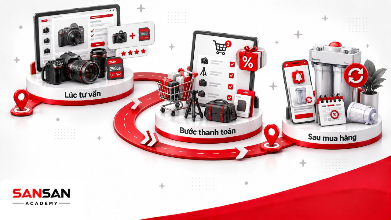 Thời điểm triển khai Cross Selling gồm lúc tư vấn lựa chọn, tại bước thanh toán và sau khi khách hoàn tất đơn hàng.