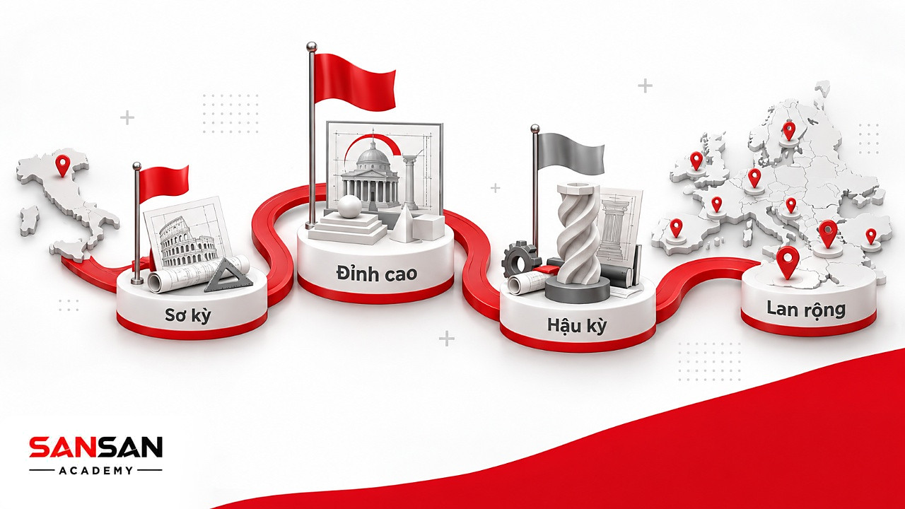 Đường đi qua các mốc sơ kỳ, đỉnh cao, hậu kỳ của thời kỳ Phục hưng từ nước Ý lan khắp châu Âu