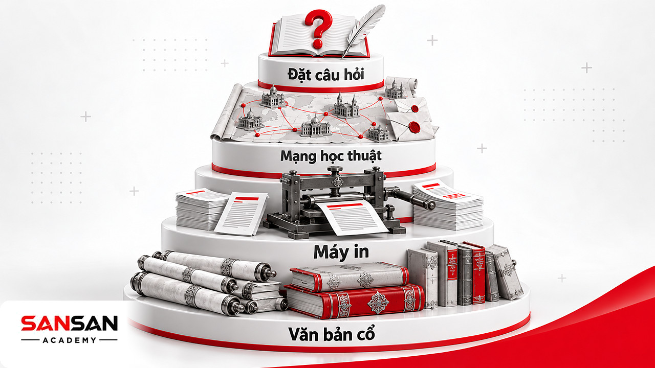 Kim tự tháp tri thức thời kỳ Phục hưng từ văn bản cổ, máy in, mạng học thuật đến sổ ghi câu hỏi