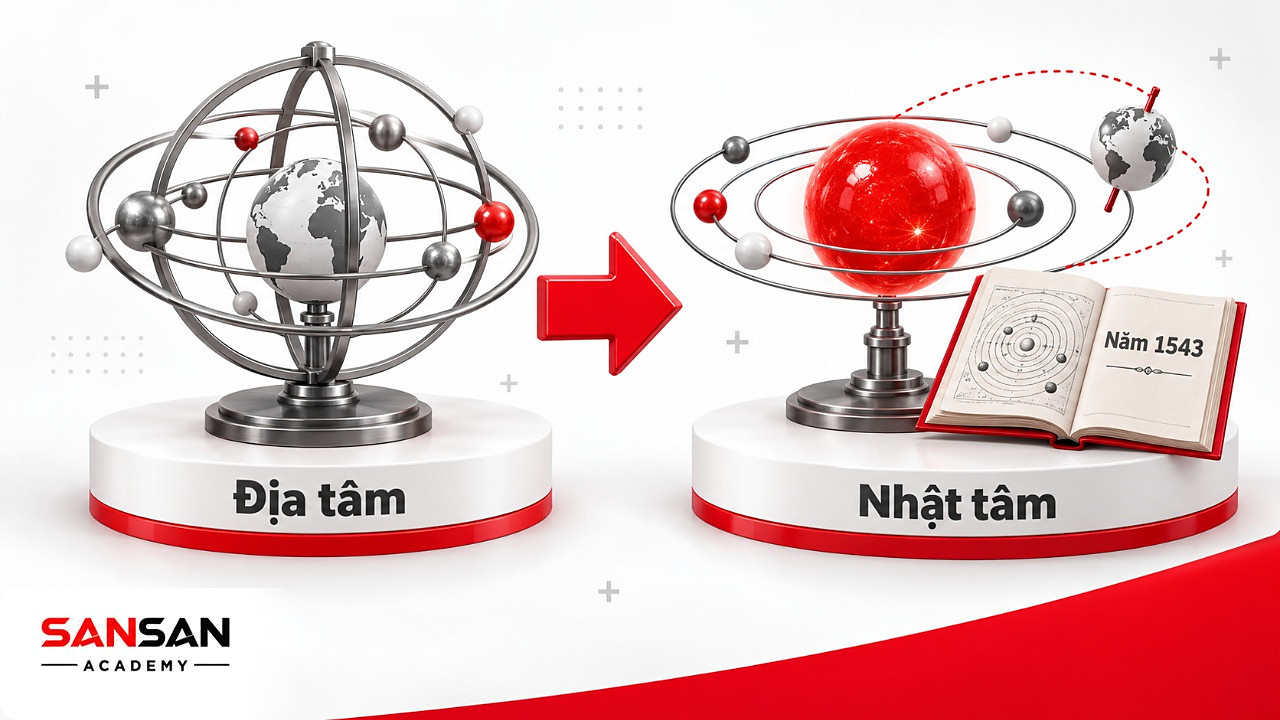 Mô hình địa tâm đặt cạnh mô hình nhật tâm của Copernicus công bố năm 1543 thời kỳ Phục hưng