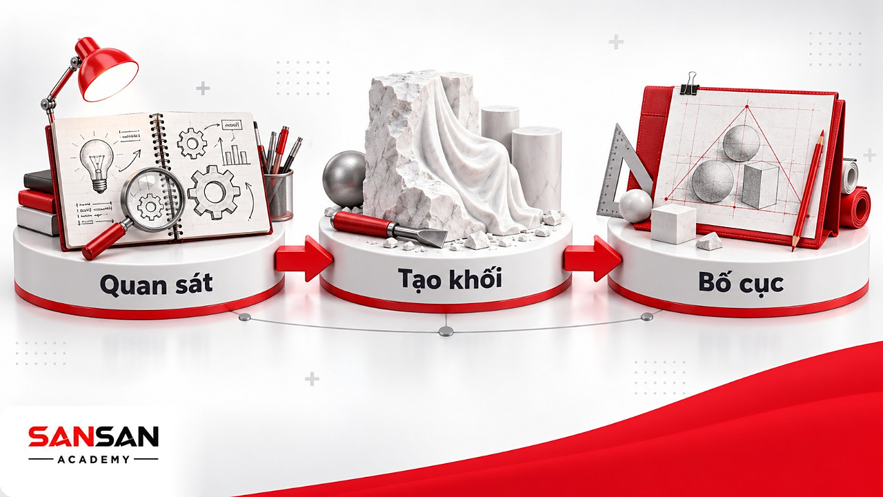 Ba bệ với sổ phác thảo, khối đá cẩm thạch và tập bố cục tượng trưng cho nghệ sĩ thời kỳ Phục hưng