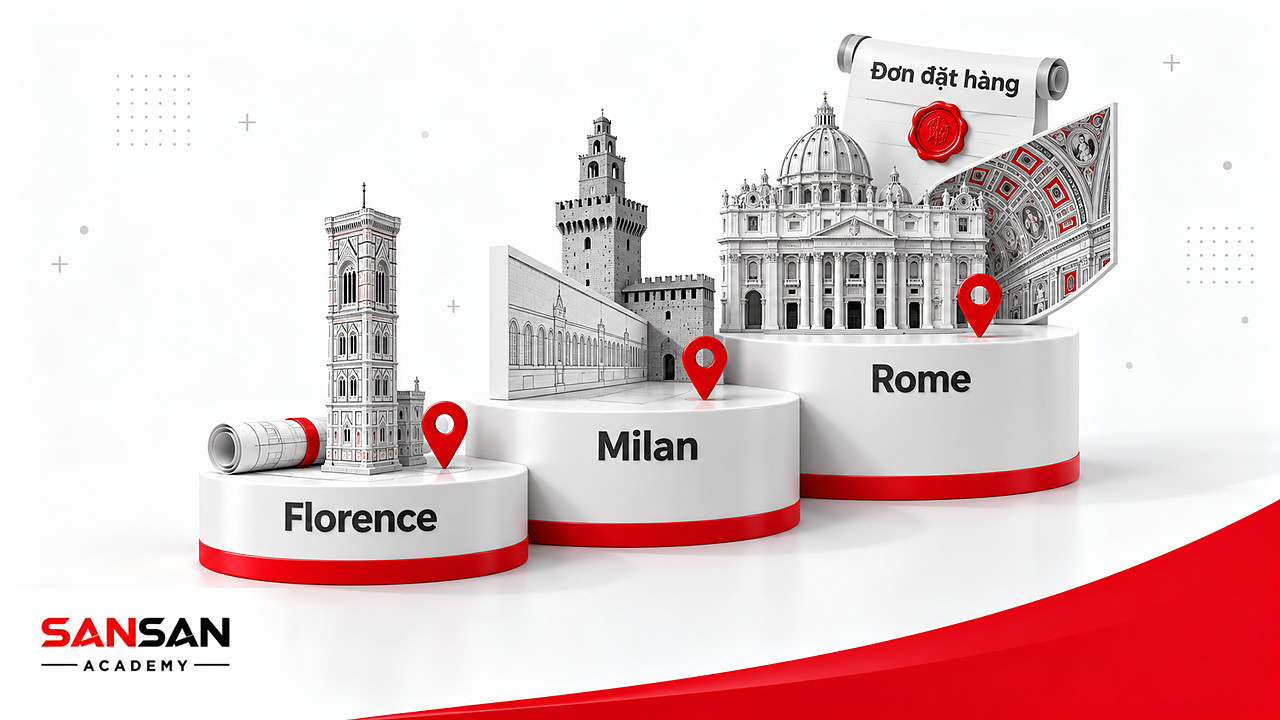 Bậc thang Florence, Milan, Rome với mô hình công trình và cuộn đơn đặt hàng thời Phục hưng đỉnh cao
