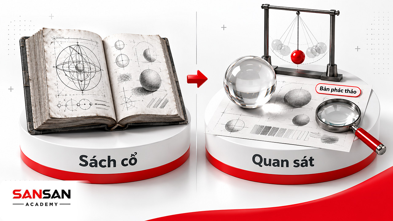 Sách cổ đặt cạnh quả cầu thủy tinh, con lắc và bản phác thảo sáng tối cho việc quan sát thời Phục hưng
