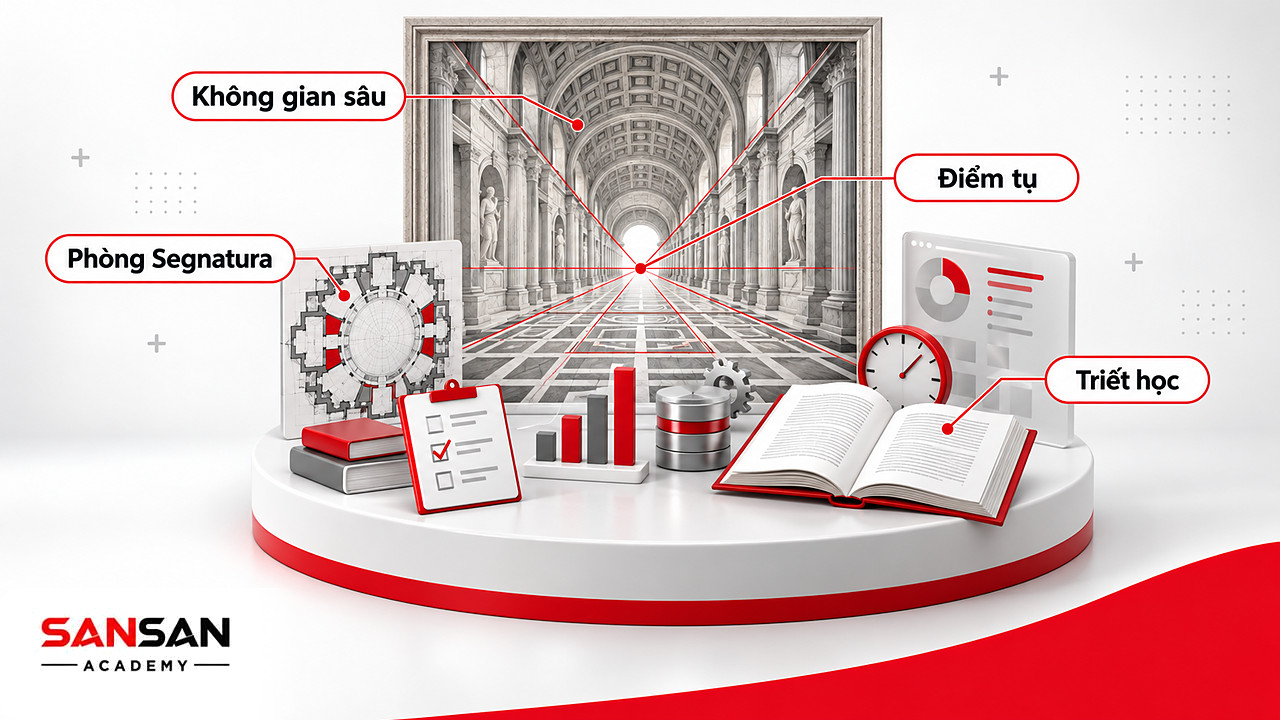 Bức bích họa sảnh vòm sâu với đường điểm tụ gợi bố cục Trường học Athens của Raphael