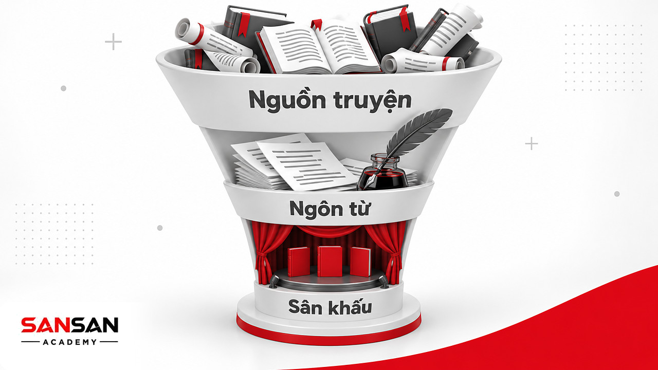 Phễu gom sách nguồn truyện và trang thơ vào sân khấu tròn với ba kịch bản của Shakespeare