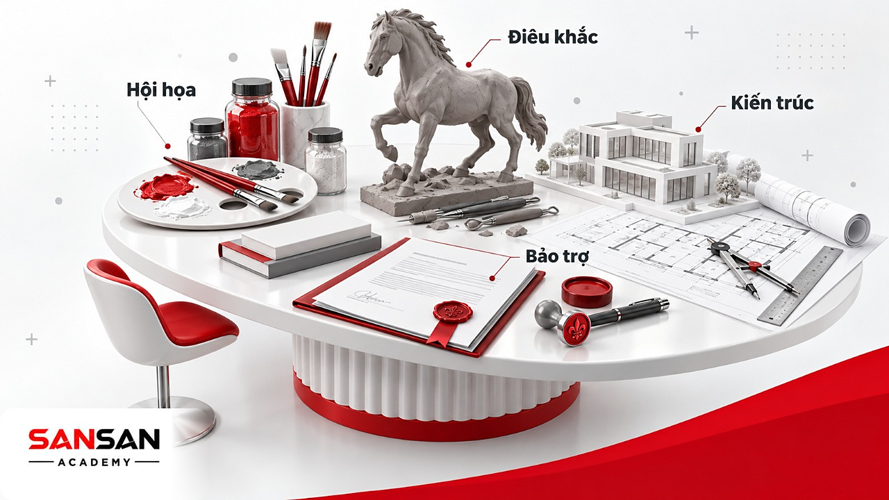 Bàn xưởng nghệ thuật thời kỳ Phục hưng với bảng màu, mô hình ngựa, bản vẽ mặt bằng và hợp đồng bảo trợ