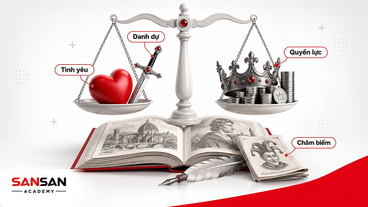 Cán cân trên cuốn sách với trái tim, thanh kiếm, vương miện và tập châm biếm của văn học thời kỳ Phục hưng
