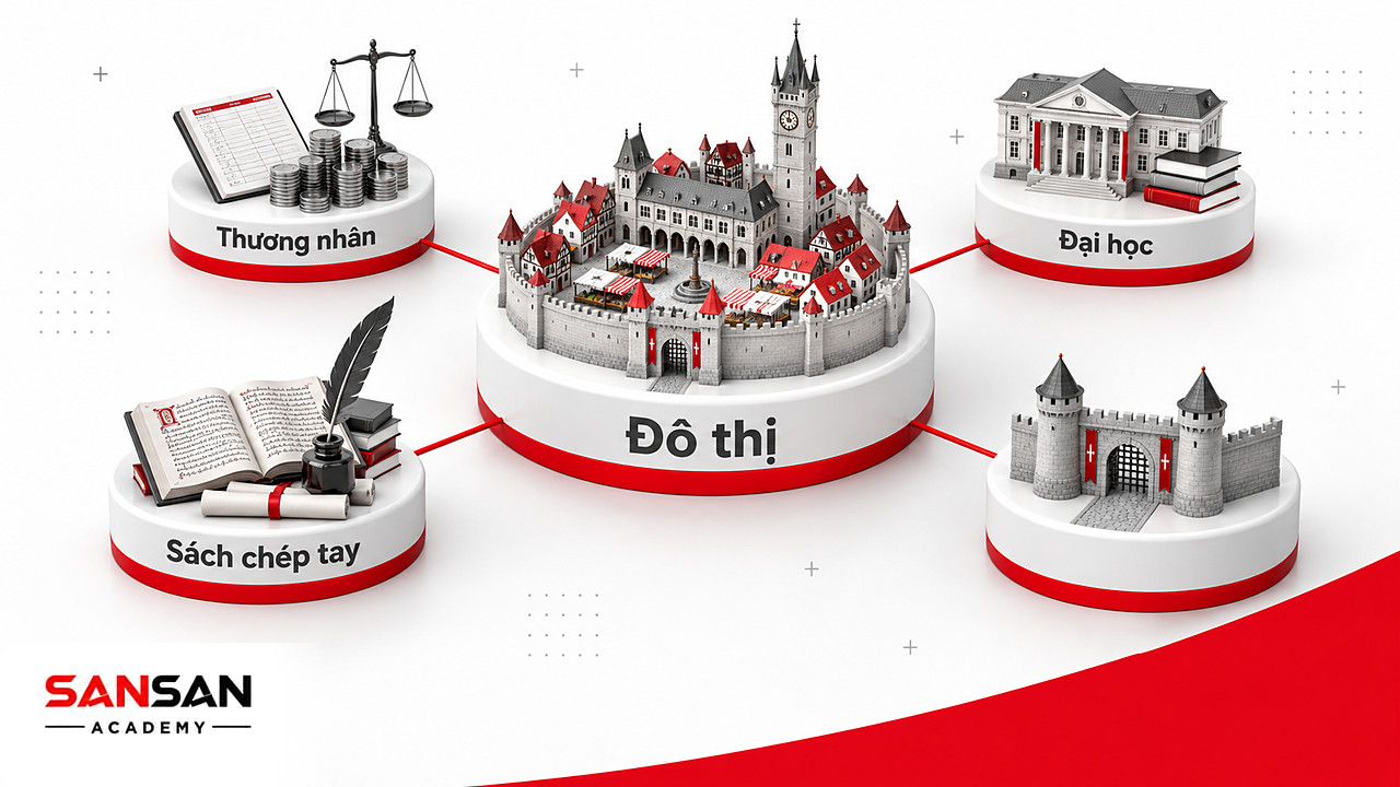 Mô hình đô thị cuối Trung cổ nối với sổ sách thương nhân, trường đại học và bàn chép sách tay