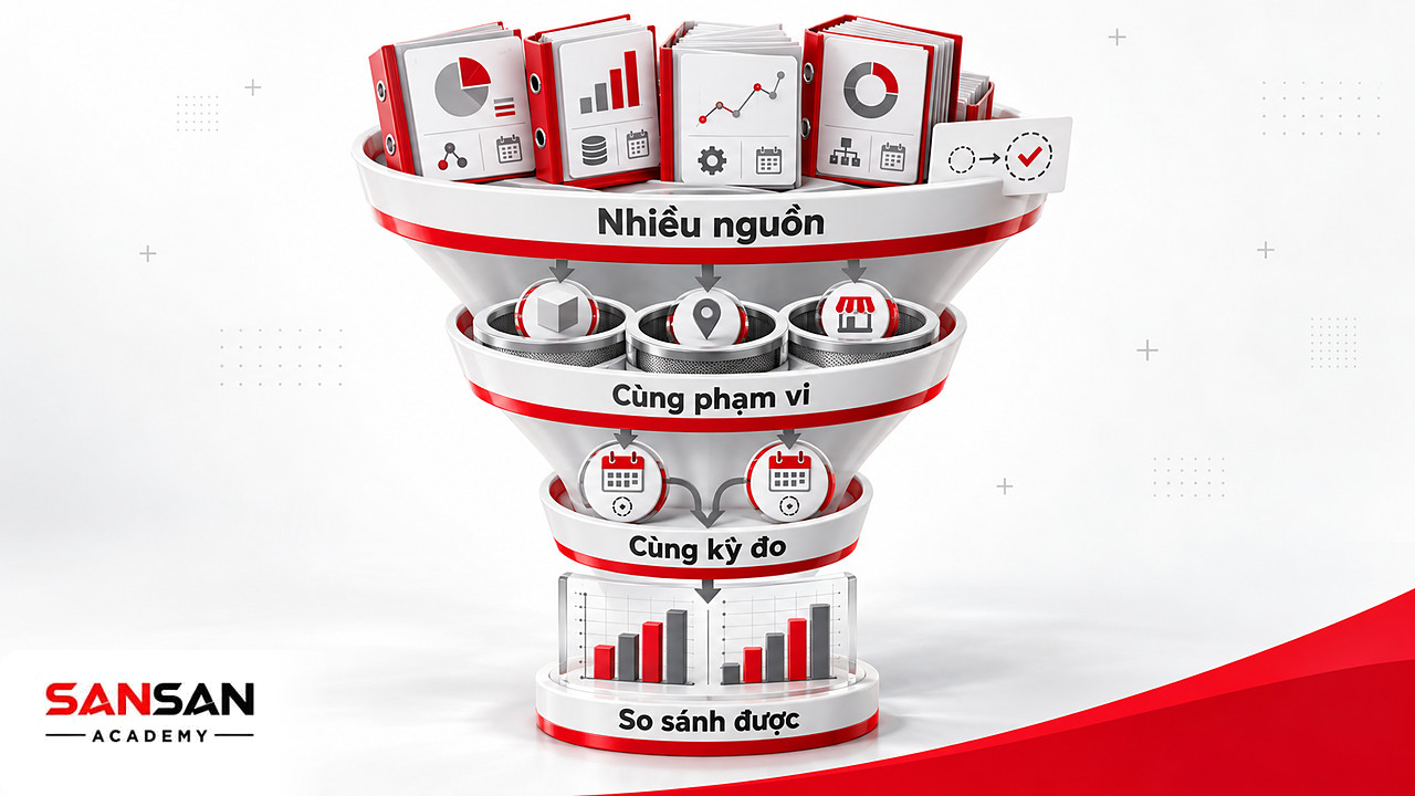 Phễu lọc dữ liệu thị phần từ nhiều nguồn qua cùng phạm vi sản phẩm, khu vực, kênh bán thành biểu đồ so sánh.