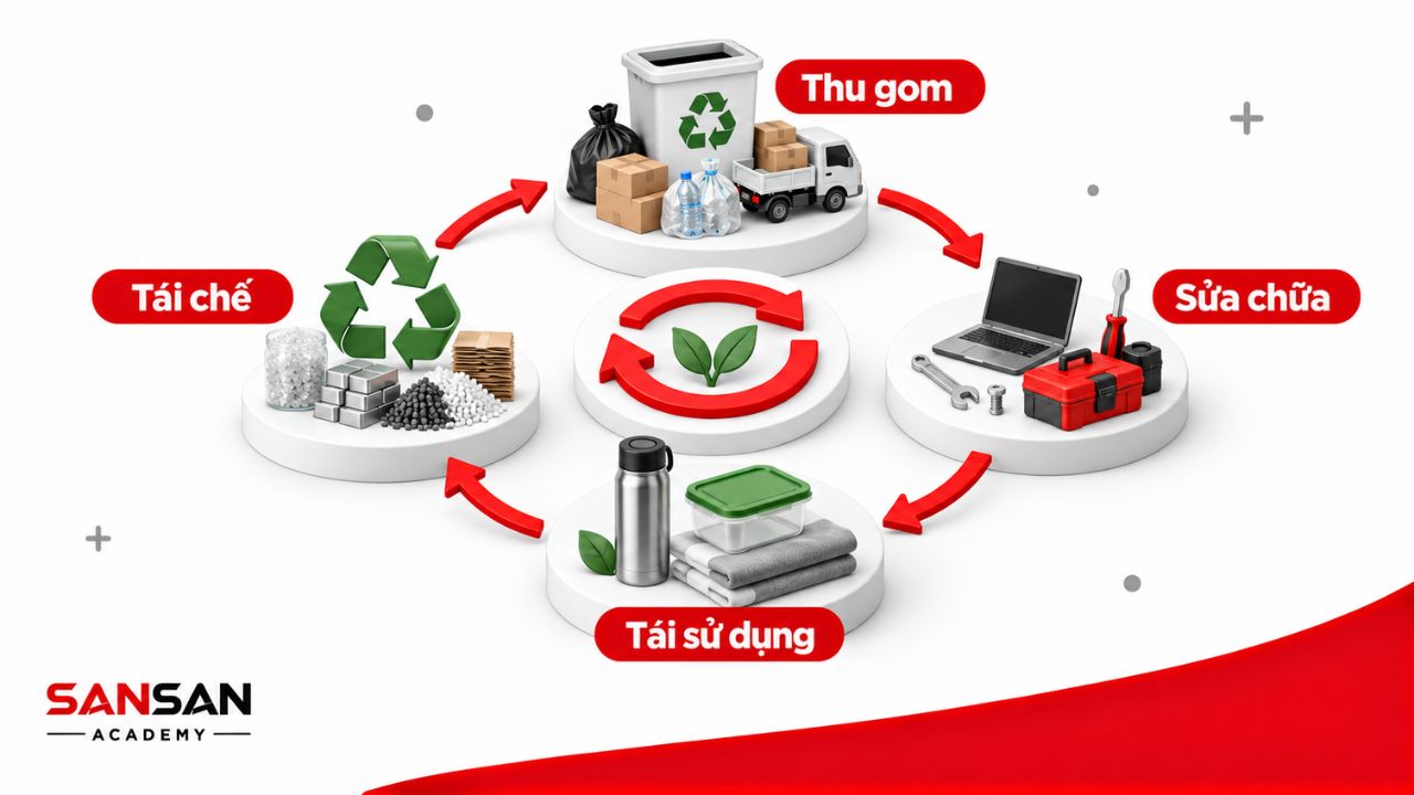 Chu trình thu gom, sửa chữa, tái sử dụng và tái chế vật liệu.