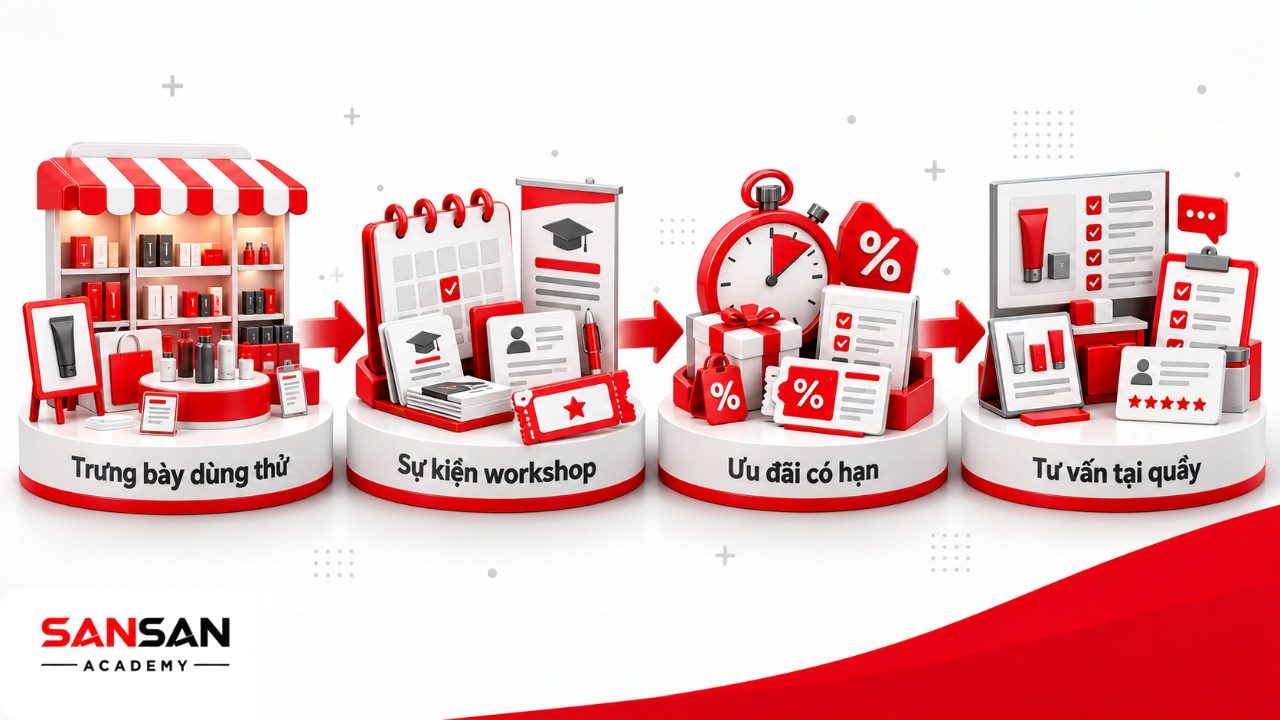 Cách thu hút khách hàng đến cửa hàng bằng trưng bày, dùng thử, workshop, ưu đãi có thời hạn và tư vấn phù hợp nhu cầu.