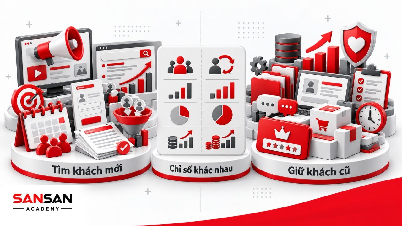 Phân biệt thu hút khách hàng mới với giữ chân khách hàng qua mục tiêu, hoạt động và các chỉ số như CAC, chuyển đổi, giữ chân và LTV.