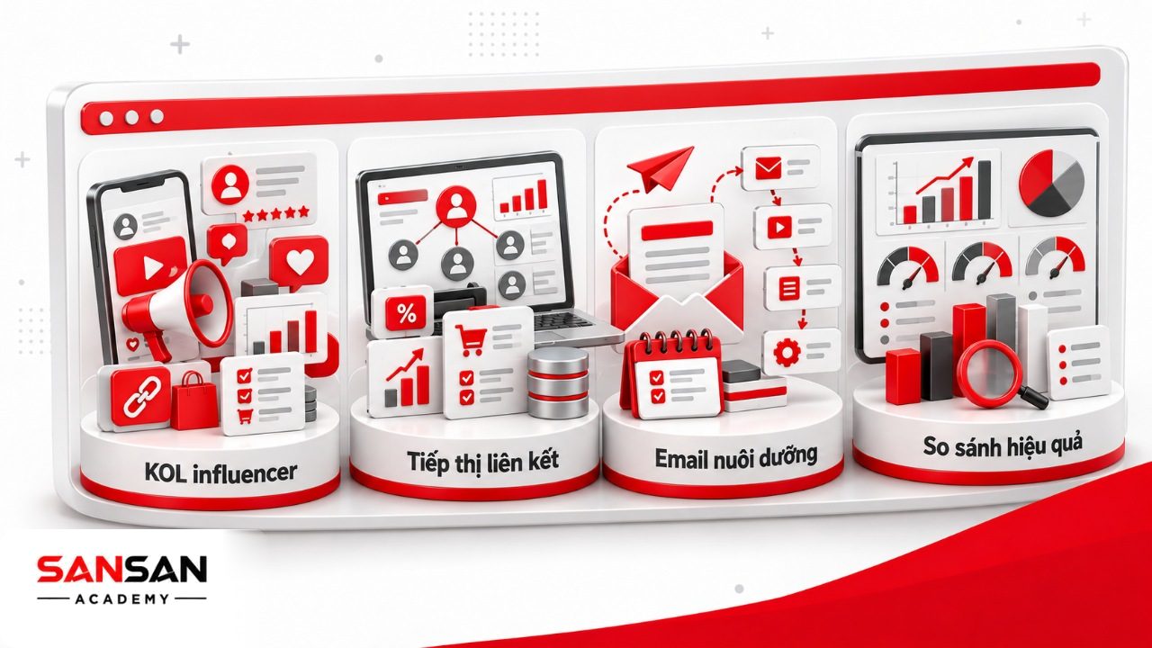 Cách thu hút khách hàng online qua KOL influencer, affiliate marketing, email marketing và theo dõi hiệu quả từng kênh.