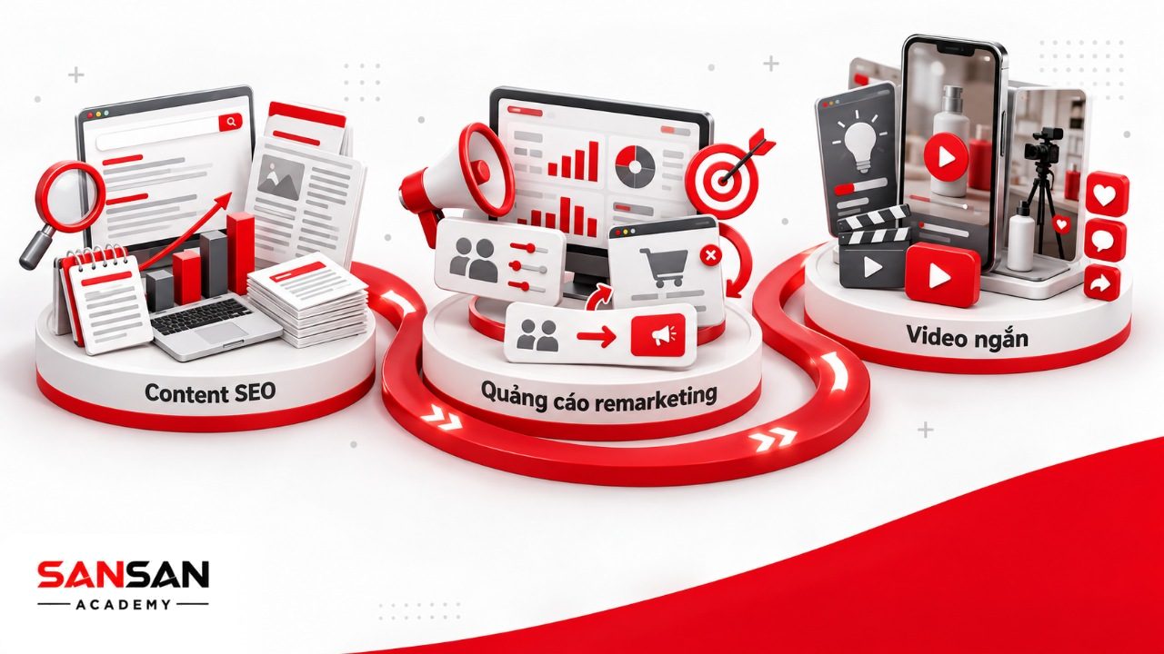 Cách thu hút khách hàng online bằng content SEO, quảng cáo trả phí, remarketing và video ngắn trên mạng xã hội.