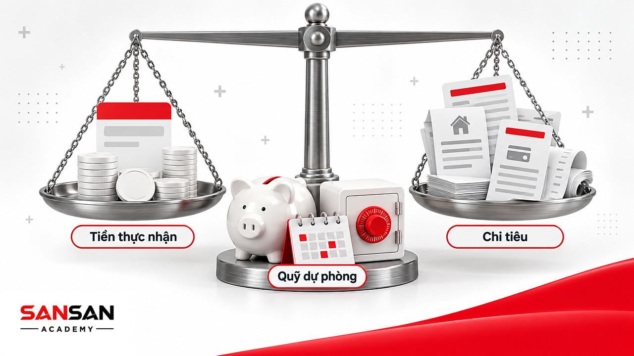 Cán cân đặt thu nhập ròng bên trái, hóa đơn chi tiêu bên phải, dưới chân là heo đất và két quỹ dự phòng