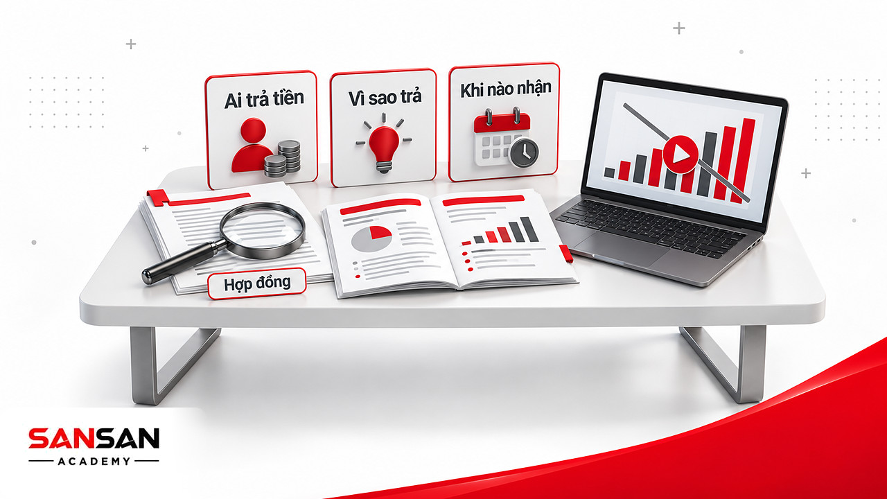 Bàn làm việc có hợp đồng dưới kính lúp, tài liệu sản phẩm và thẻ câu hỏi khi chọn nguồn thu nhập thụ động